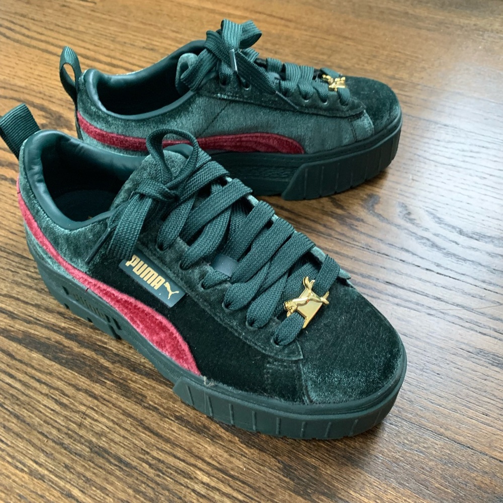Puma Mayze Green and Red Velvet Sneakers platform low top sneakers